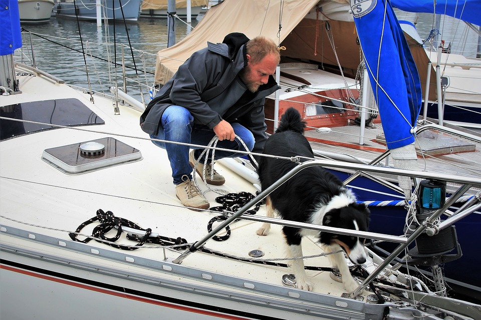 Mand og hund på sejlbåd   